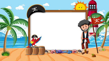 Empty banner template with pirate man at the beach daytime scene