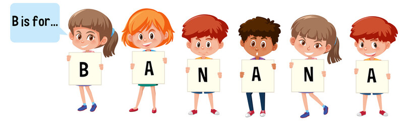 Cartoon character of two kids spelling fruit vocabulary