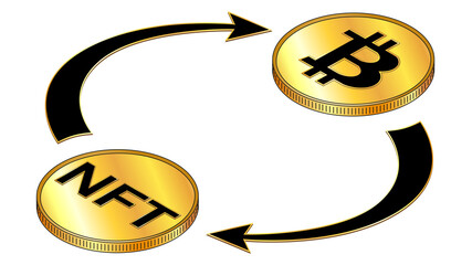 NFT and Bitcoin circulation isometric concept with black symbols on gold coins and cyclical arrows isolated on white. Vector design element. - obrazy, fototapety, plakaty