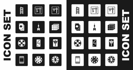 Set Bingo, Dart arrow, Playing cards, Mahjong pieces, Rubik cube, and Casino chip icon. Vector