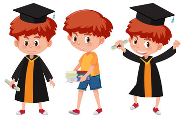 Set of a boy wearing graduation gown in different poses