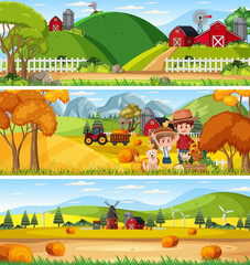 Different nature landscape at daytime scene with cartoon character
