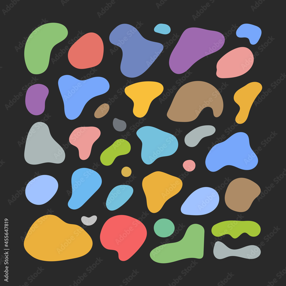 Poster organic shapes. color various blotch, abstract irregular random blobs. pebble stone silhouette, simp