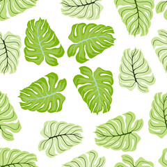 Nature seamless pattern with pastel monstera green shapes. Isolated backdrop. Botany print.