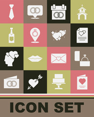 Set Greeting card, Diamond engagement ring, Calendar, Wedding rings, Champagne bottle, Tie and Two Linked Hearts icon. Vector