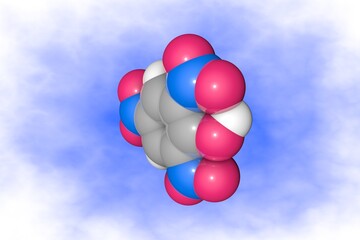 Space-filling molecular model of picric acid. Atoms are represented as spheres with color coding: carbon (gray), oxygen (red), hydrogen (white), nitrogen (blue). Scientific background. 3d illustration