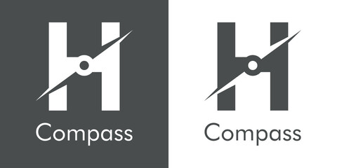 Logotipo con texto Compass con letra inicial H con forma de brújula en fondo gris y fondo blanco