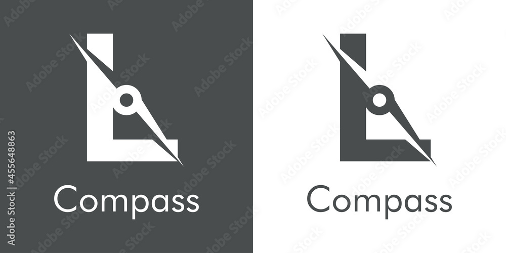 Poster Logotipo con texto Compass con letra inicial L con forma de brújula en fondo gris y fondo blanco