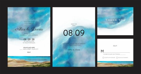 wedding cards, invitation. Save the date sea style design. Romantic beach wedding summer background	

