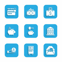 Set Piggy bank and hammer, ATM, Envelope with dollar symbol, Bank building, Hand giving money, coin, Briefcase and Credit card lock icon. Vector