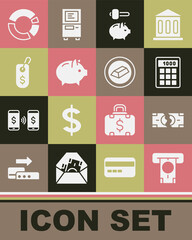 Set ATM and money, Tearing banknote, Calculator, Piggy hammer, Price tag with dollar, Pie chart infographic and Gold bars icon. Vector