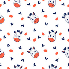 Hand drawn giraffe seamless pattern. Giraffe background. Giraffe doodle illustration.  Seamless pattern with cartoon giraffe.
