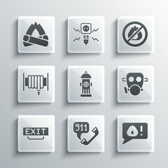 Set Telephone call 911, Gas mask, Fire hydrant, exit, hose reel, Campfire and No icon. Vector