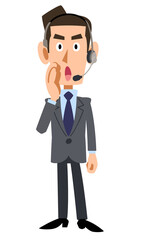 呼びかけるヘッドセットを装着した男性オペレーター
