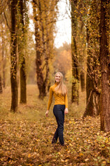 girl walks in the autumn forest. A young woman is spinning against the background of orange trees.