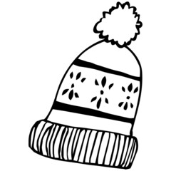 Winter hat with a snowflake pattern. Winter style. Vector illustration, doodle. The black outline is a continuous line.

