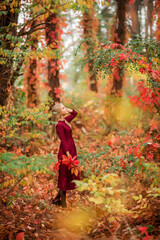 girl in a burgundy dress walks in the autumn forest. Beautiful forest with tall colorful trees.