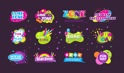 Kids game zone fun day entertainment set childish banner label sticker badge logo.