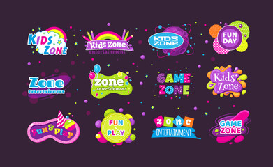 Kids game zone fun day entertainment set childish banner label sticker badge logo.