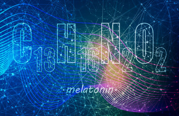 Melatonin hormone molecule on connected lines with dots backdrop