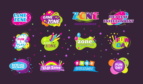Kids game zone fun day entertainment set childish banner label sticker badge logo.