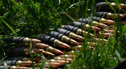 Belt of machine gun cartridges from world war two weapons.