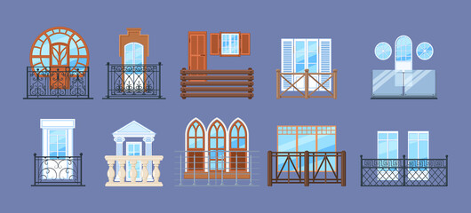 Vintage balcony with fence facade building. Balcony windows, house facade of wooden banister porch or metal forged fences. Home facade balconies with windows, doors retro decor