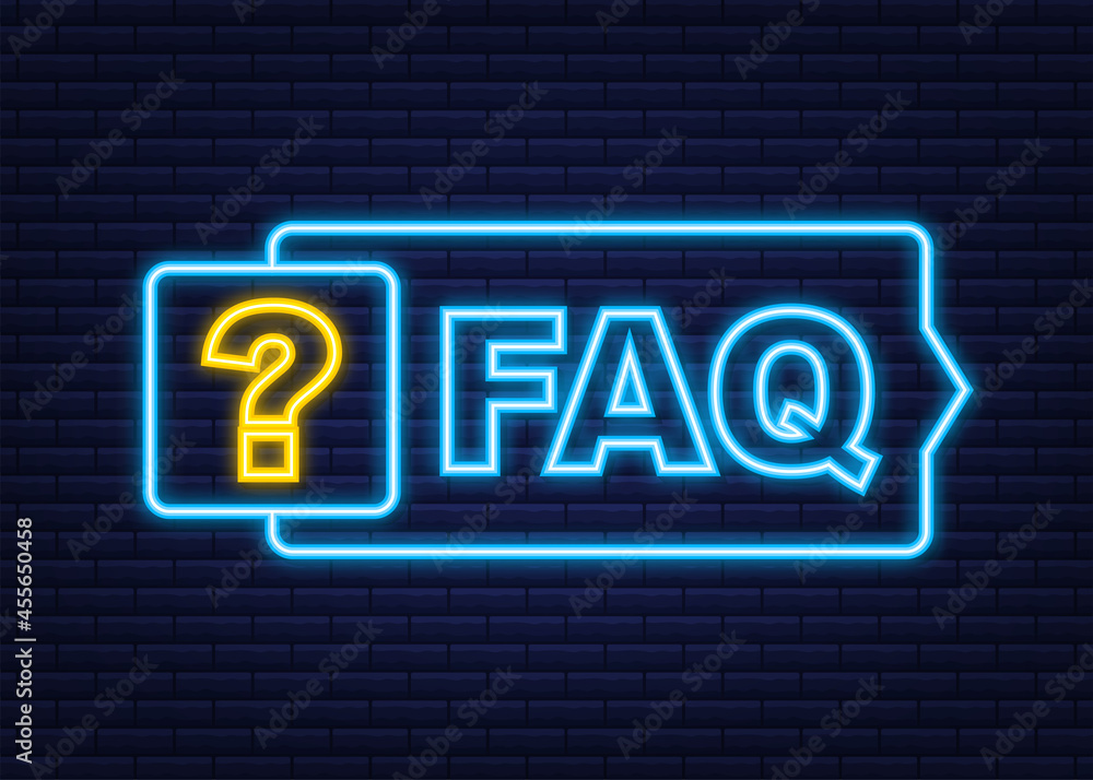 Aufkleber frequently asked questions faq banner. neon icon. computer with question icons. vector illustration.