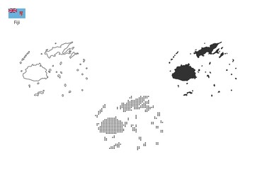 3 versions of Fiji map city vector by thin black outline simplicity style, Black dot style and Dark shadow style. All in the white background. - obrazy, fototapety, plakaty