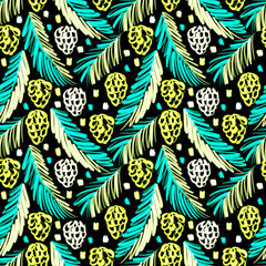 Seamless pattern with Christmas tree branches and cones