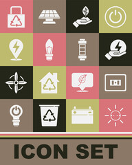 Set Solar energy panel, Electrical outlet, Lightning bolt, Plant hand, bulb, Paper bag with recycle and Battery icon. Vector