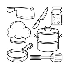 Kitchen utensil collection, with hand drawn outline vector illustration