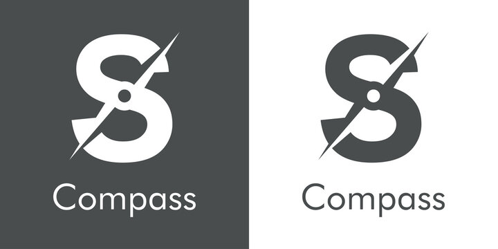 Logotipo con texto Compass con letra inicial S con forma de br&uacute;jula en fondo gris y fondo blanco