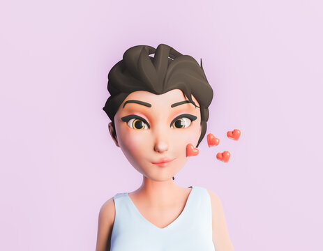 cute portrait of a 3d cartoon character giving a kiss with floating hearts. 3d rendering