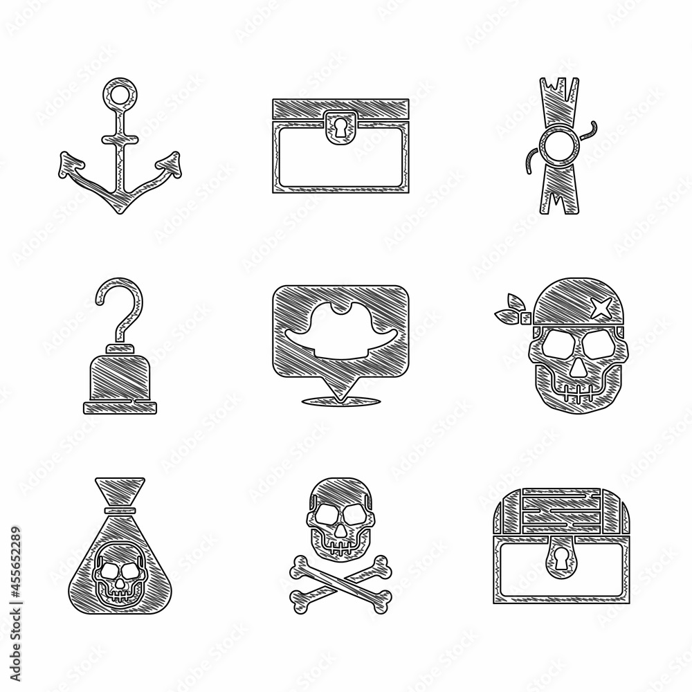 Wall mural set location pirate, skull crossbones, antique treasure chest, pirate coin, hook, decree, parchment,