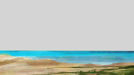 Vector illustration of tropical beach in daytime. Hand painted watercolor background.