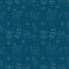 Hand drawn christmas tree.Christmas seamless pattern. Retro vintage style. Christmas pattern on red background.