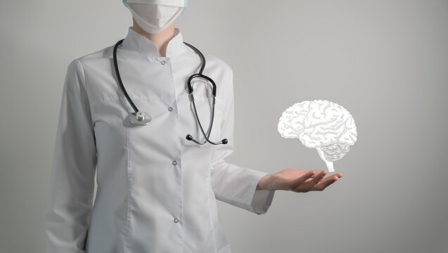 Neurologist doctor, brain specialist. Aesthetic handdrawn highlighted illustration of human brain. Neutral grey background, studio photo and collage.