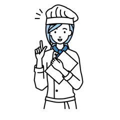 立って書類を手に持って何かひらめいた調理師の女性