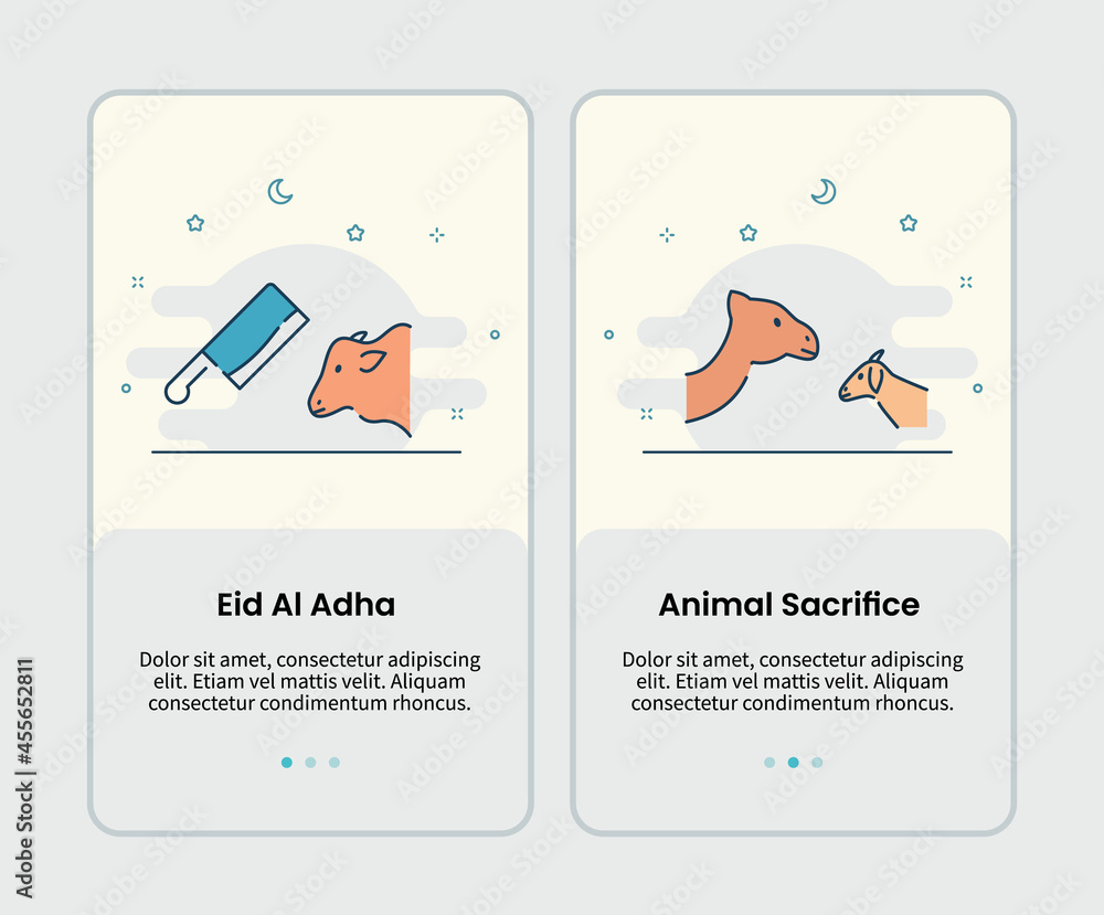 Poster eid al adha and animal sacrifice icons onboarding template for mobile ui user interface app applicat