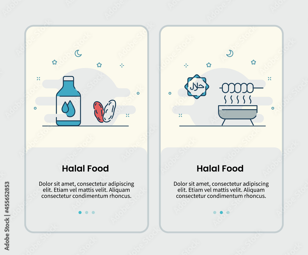 Poster halal food icons onboarding template for mobile ui user interface app application design