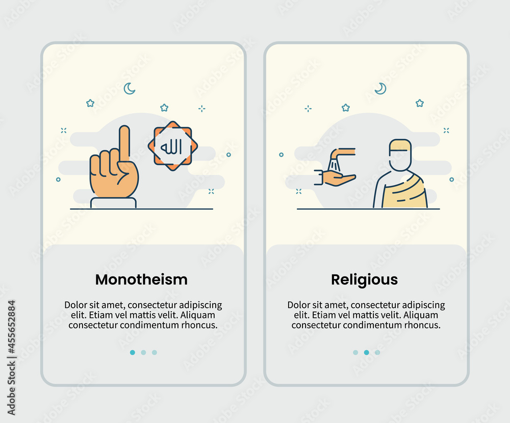 Poster monotheism and religious icons onboarding template for mobile ui user interface app application desi