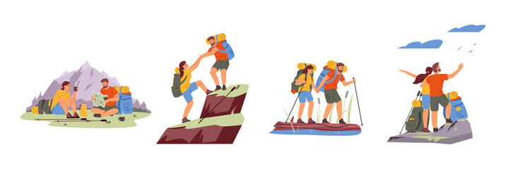 Couple hiking vector illustrations set. Man and woman travelling outdoors. Active lifestyle.