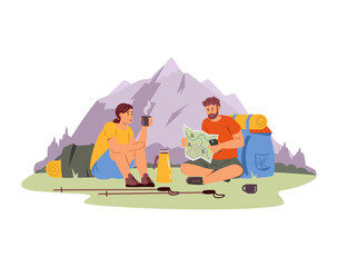 Couple hiking in mountains making halt reading map and planning the route flat vector illustration. Isolated on white.