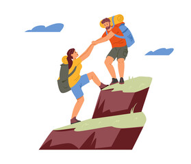 Couple climbing a mountain vector illustration. Man and woman hiking. Isolated on white.