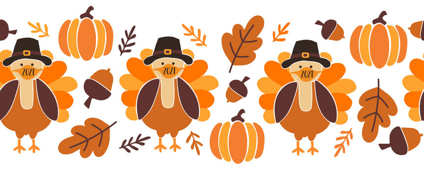 Thanksgiving Turkey Wearing A Face Mask Seamless Vector Border. Autumn Turkeys Coronavirus Pattern Design. Horizontal Funny Banner Frame Covid 19 Virus Holiday 2021 Decoration, Footer, Header, Trim.