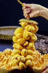human hand holding organic ripe chempedak fruit peeling to eat on table