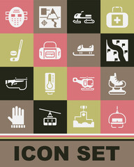 Set Ski lift, Skates, Route location, Snowmobile, Sport bag, Ice hockey stick and puck, Hockey mask and Sled icon. Vector