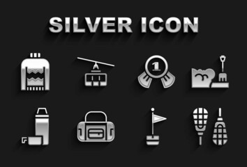 Set Sport bag, Shovel in snowdrift, Snowshoes, Location marker, Thermos container, Medal, Christmas sweater and Cable car icon. Vector