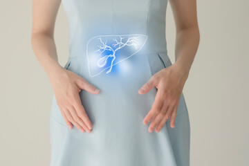 Woman in blue clothes holding virtual gall bladder in hand. Handrawn human organ, detox and healthcare, healthcare hospital service concept stock photo